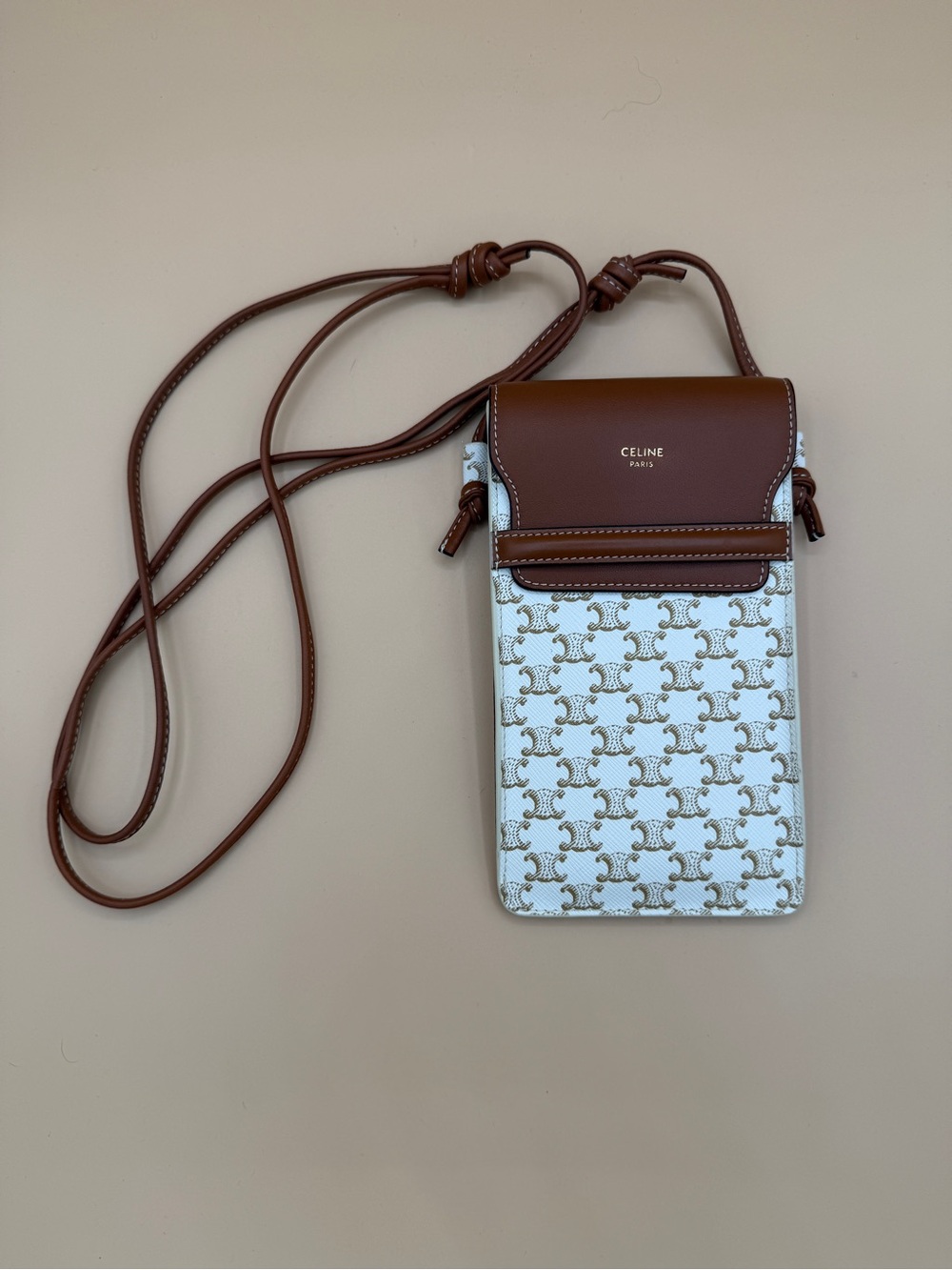 Céline Triomphe Phone Pouch Crossbody in White Coated Canvas & Brown Lambskin